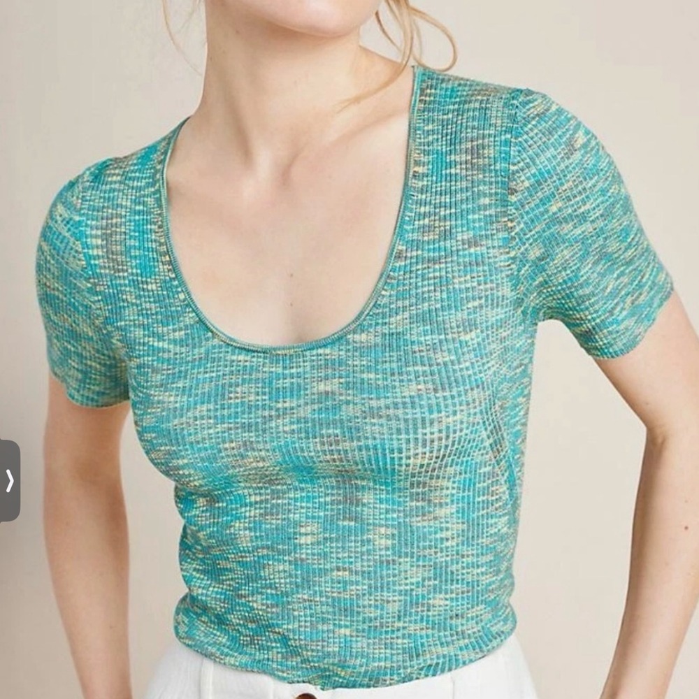 Anthropologie Zuzu Space-Dyed Sweater Tee Green Teal Ribbed Knit Boho Top S